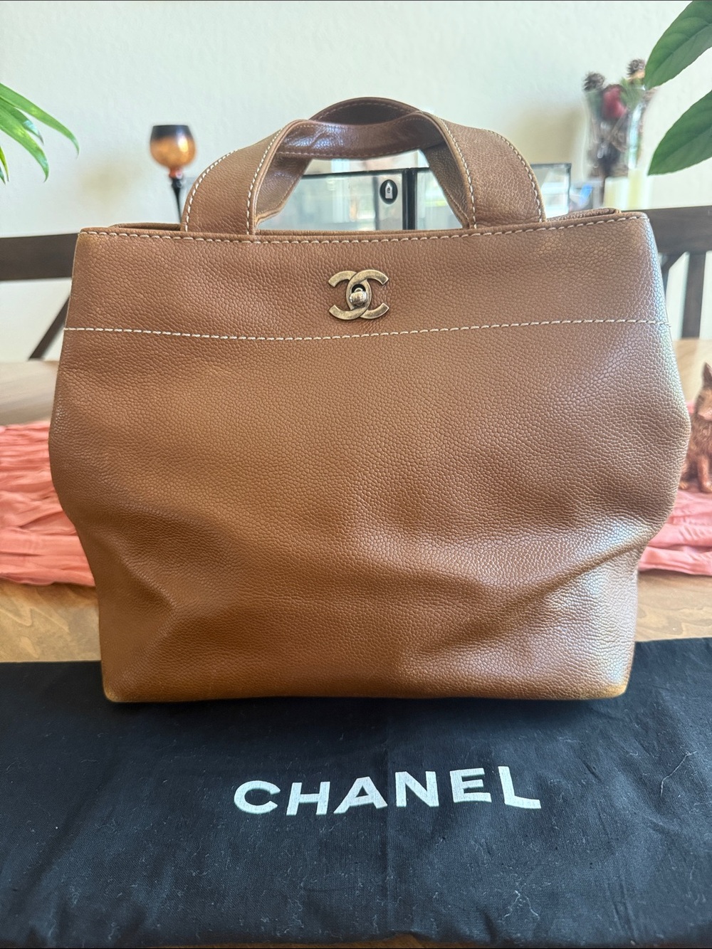 CHANEL Caviar Leather Brown Pebbled Leather Top-Handle with CC Logo